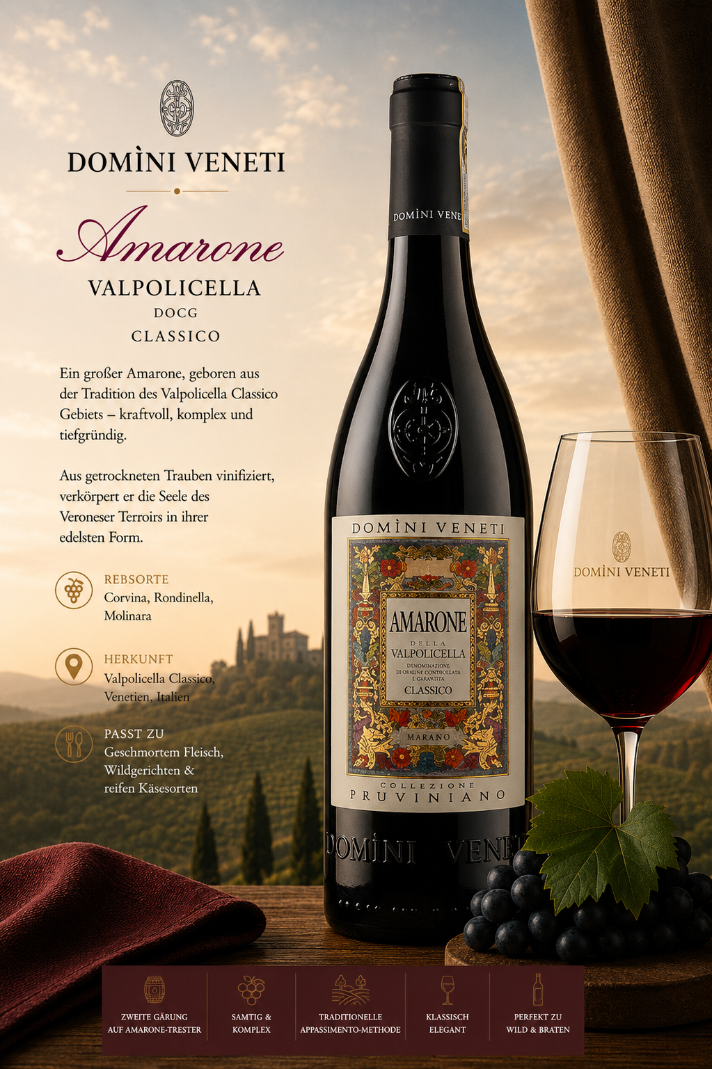 Amarone, Valpolicella, Rotwein, Weinglas, Etikett Schmuck