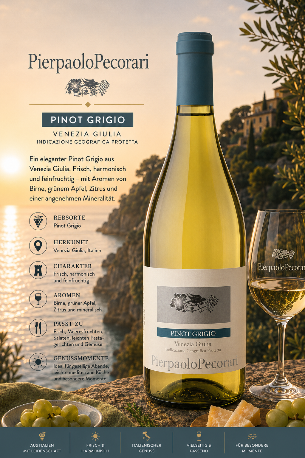 Weinglas, Weinflasche, Pinot Grigio, Italienischer Wein, Etikett