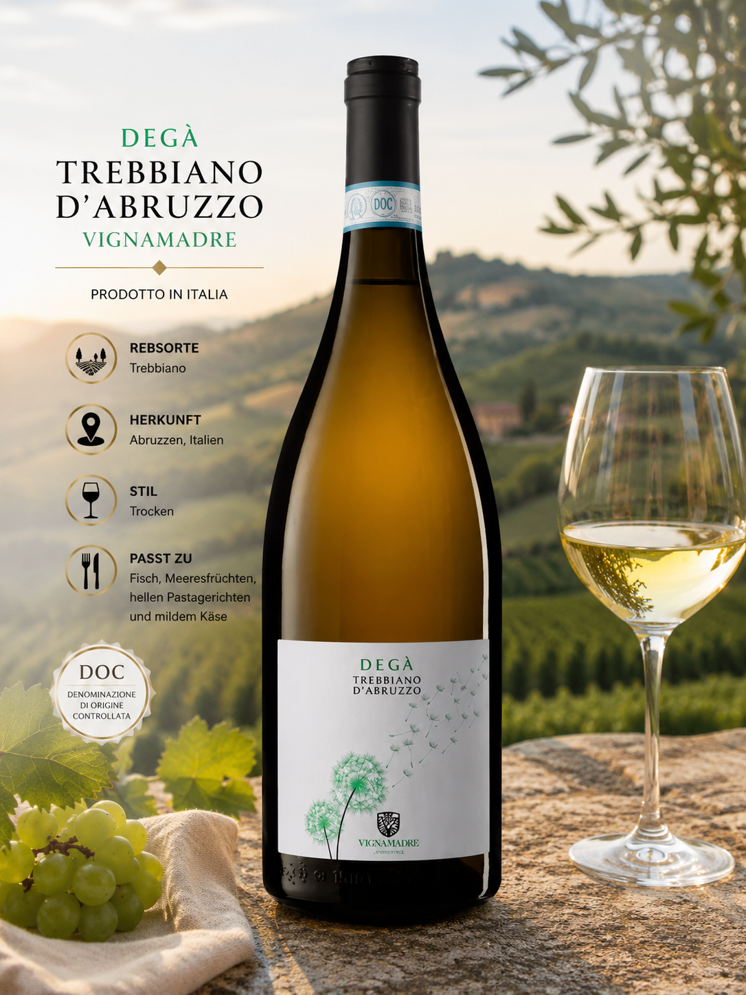 Weißwein, Weißweinflasche, Italien, Abbruzzo, Vineyard label