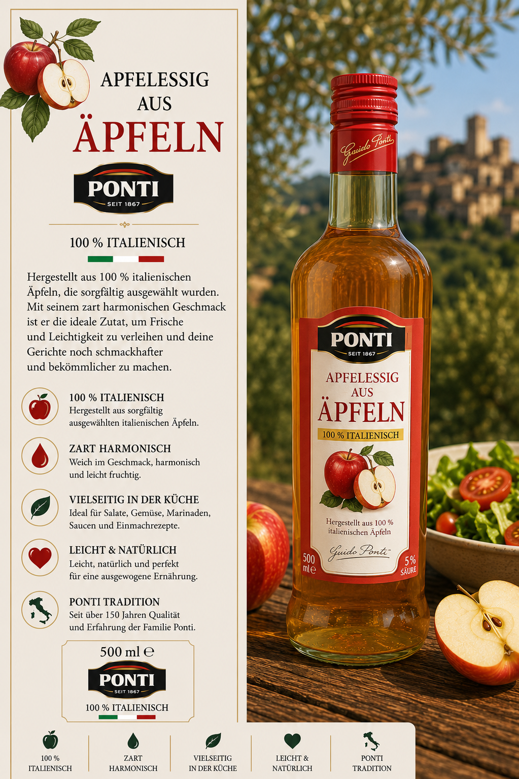 Apfelessig, Äpfel, Glasflasche, Italienisch, Ponti