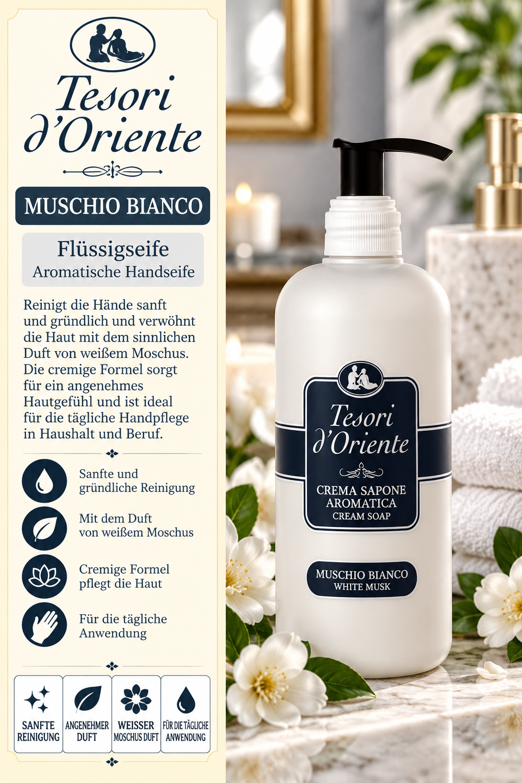 Flüssigseife, Handseife, Aromatisch, Creme Formul, Musche Bianco