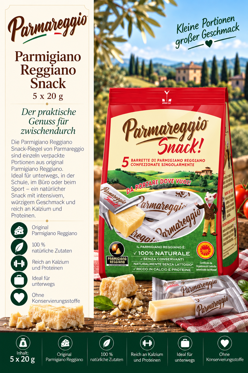 Käse, Parmesan, Snack, Reggiano, 5x20g