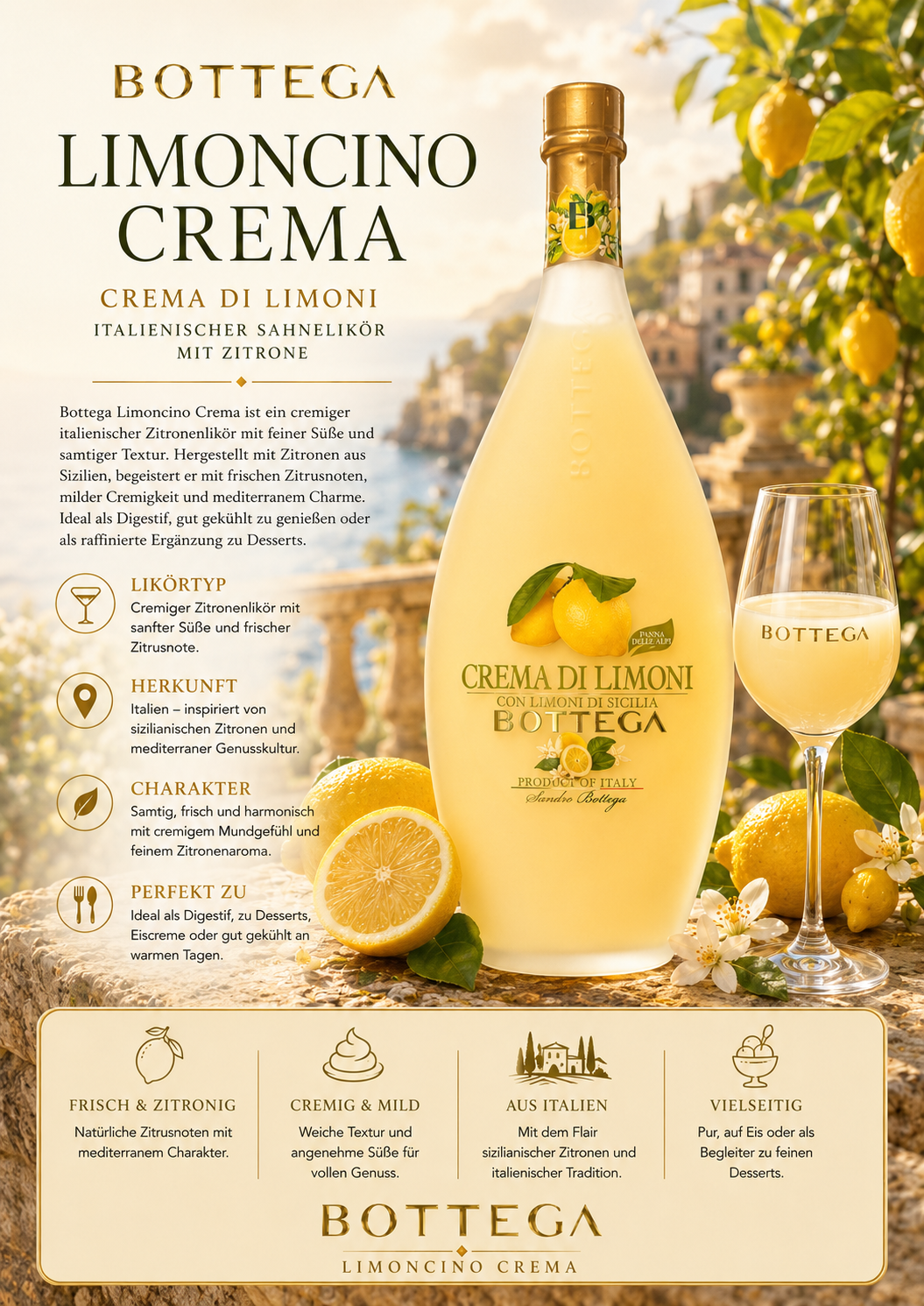 Limoncino, Crema di limoni, Zitronenlikör, Italienischer Likör, Glasflasche, Zitronenlikör, Limoncino, Flasche, Korkverschluss, Glas