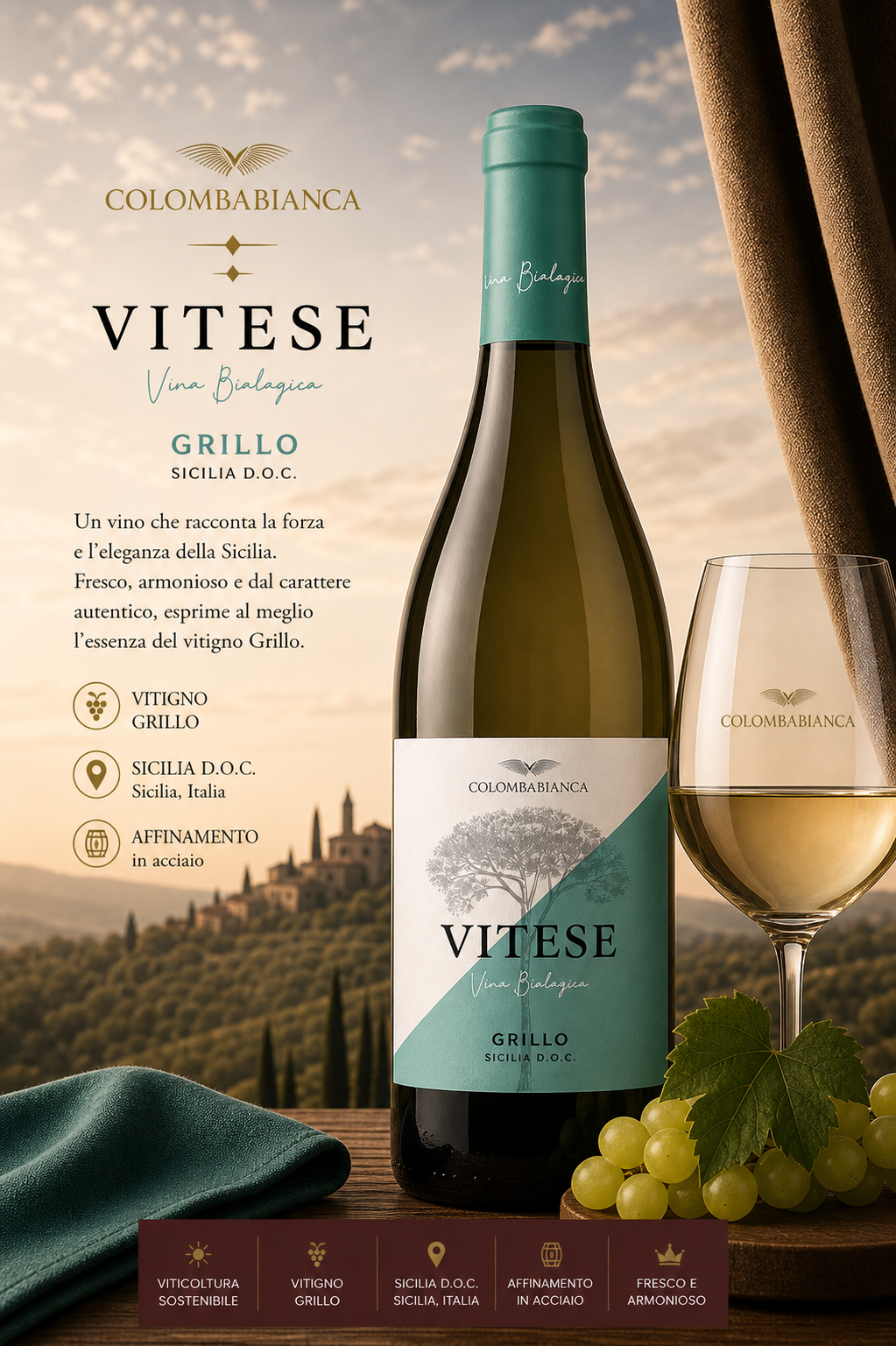 wein, weisswein, grillo, flasche, glas