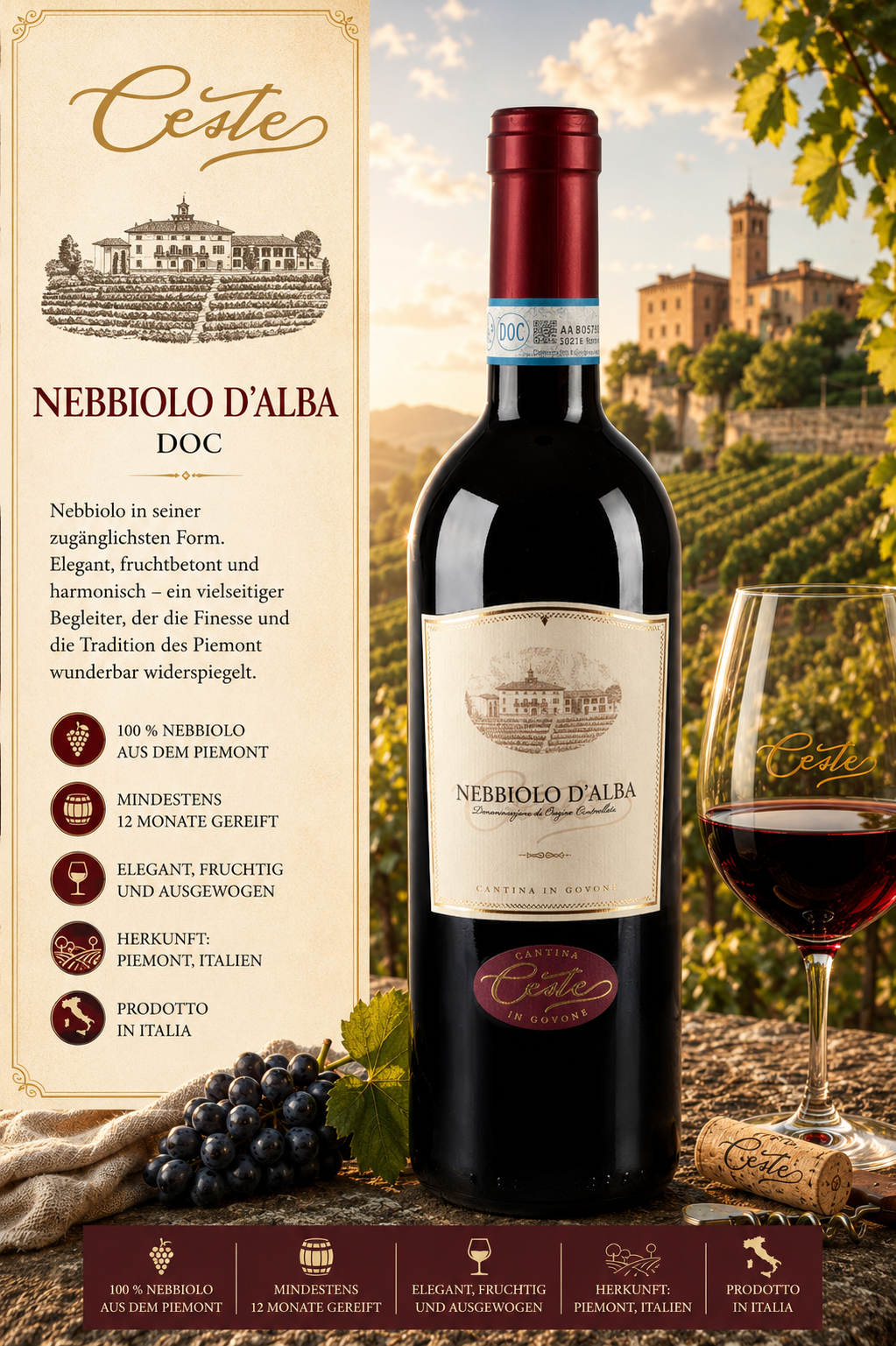 Nebbiolo, Weinflasche, Rotwein, Nebbiolo d'Alba, Piemonte