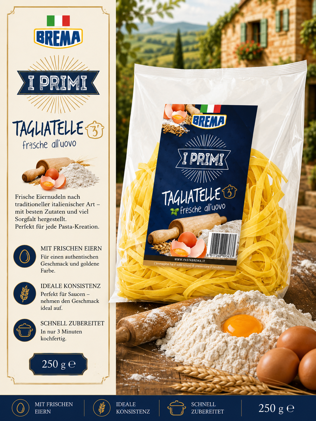 Pasta, Tagliatelle, Eiernudeln, Italienische Pasta, 250 g