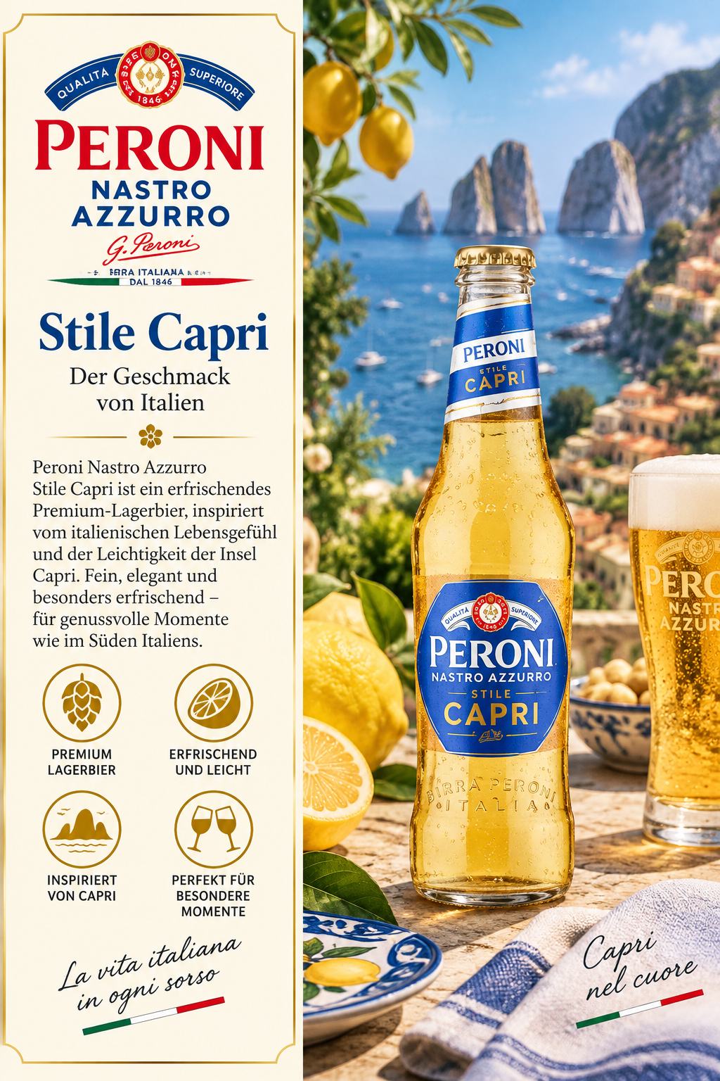 Bierflasche, Limonadenbier, Stile Capri, Italienischer Stil, Nastro Azzurro