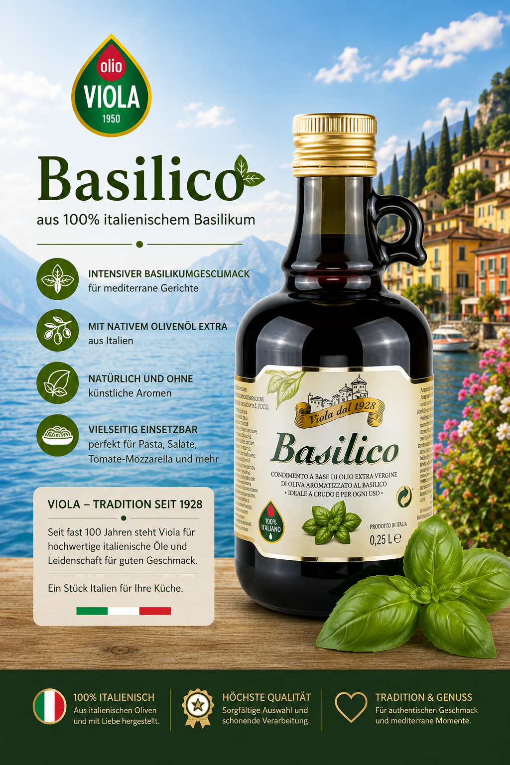Basilico, Olivenöl, Flasche, Italienisch, Basilikum-Extrakt