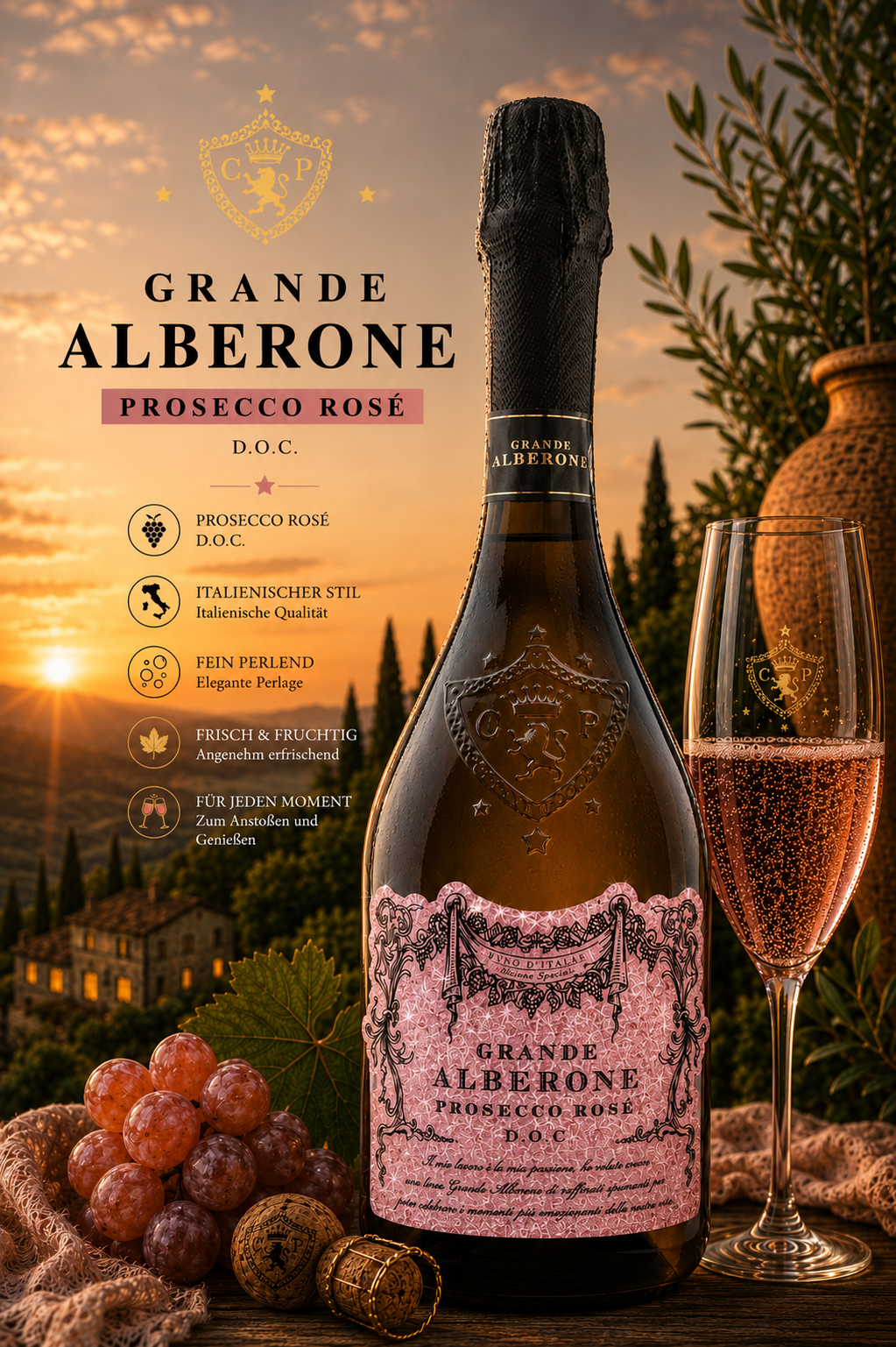 Prosecco Rosé, Champagne/Prosecco, Flasche, Rosefarbener Etikett, Weintrauben