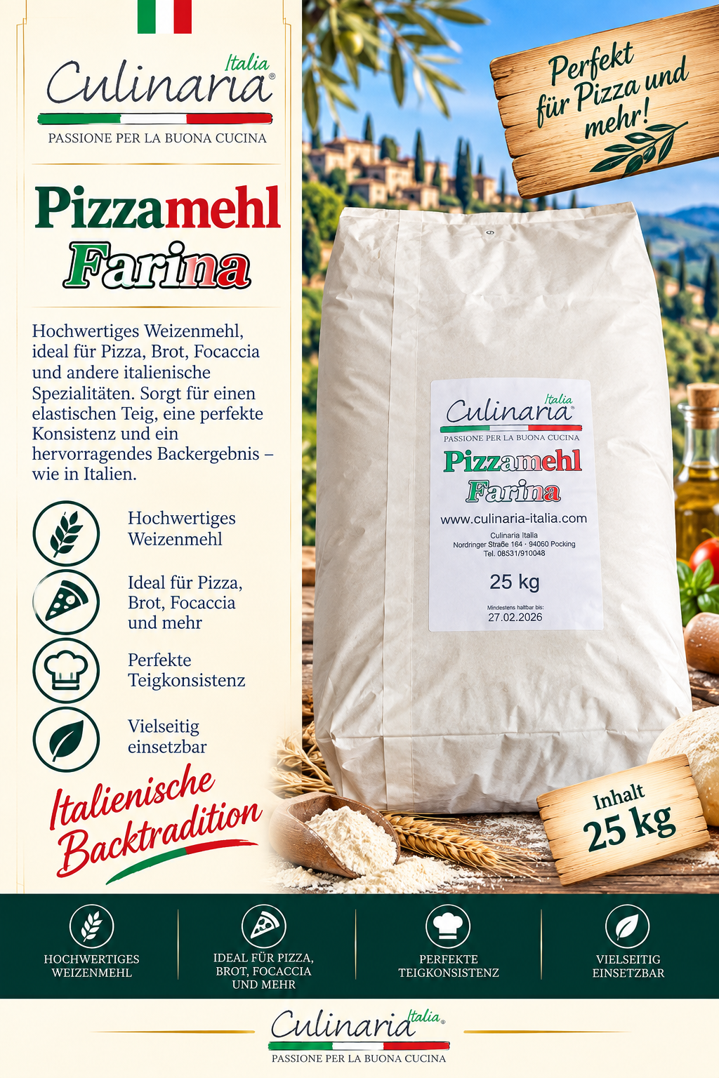 PizzaMehl, Farina, Mehlbeutel, ItalienischeBacktradition, 25kg