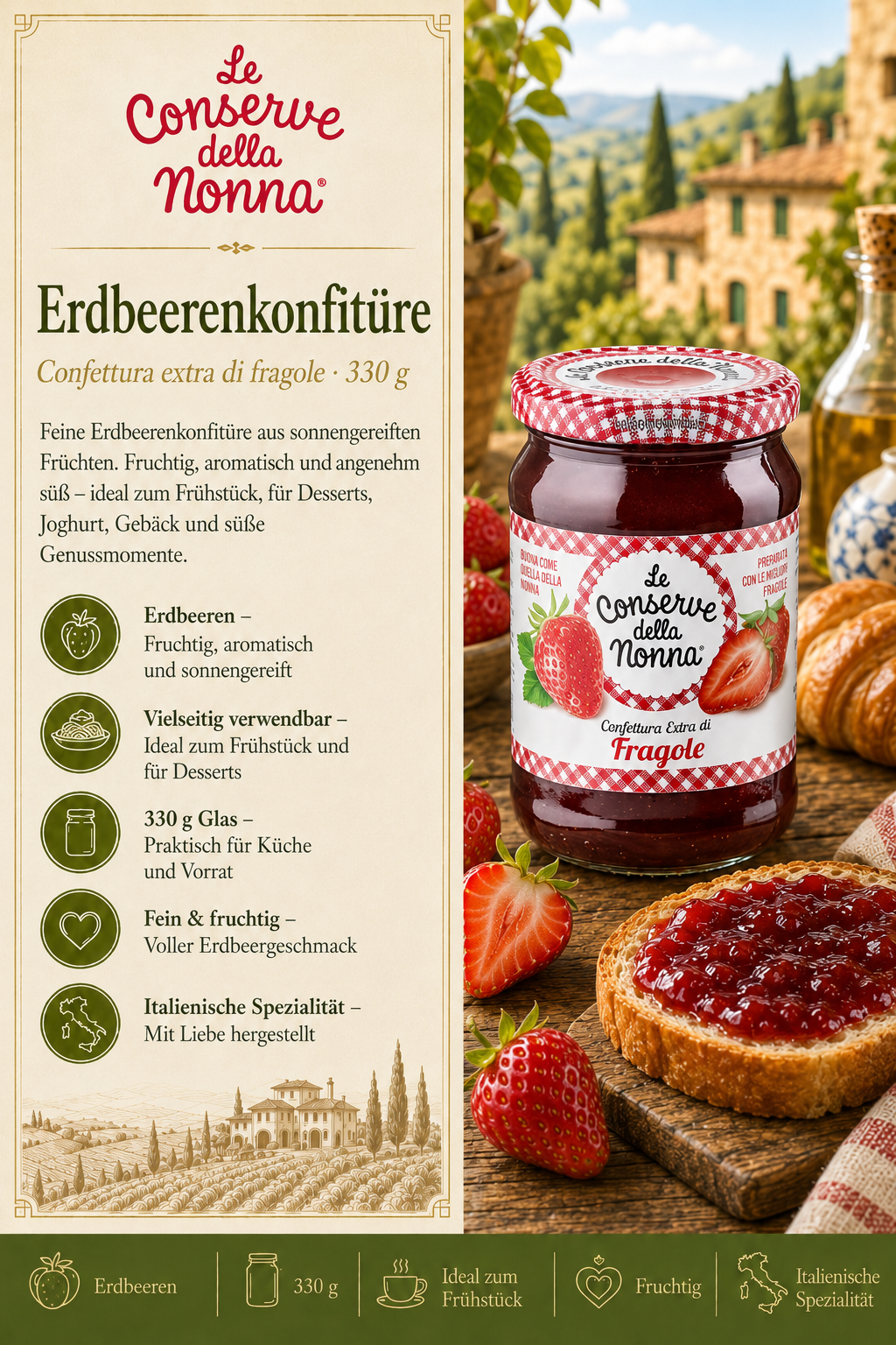 Erdbeeren, Konfitüre, Glas, 370 g, Frühstück