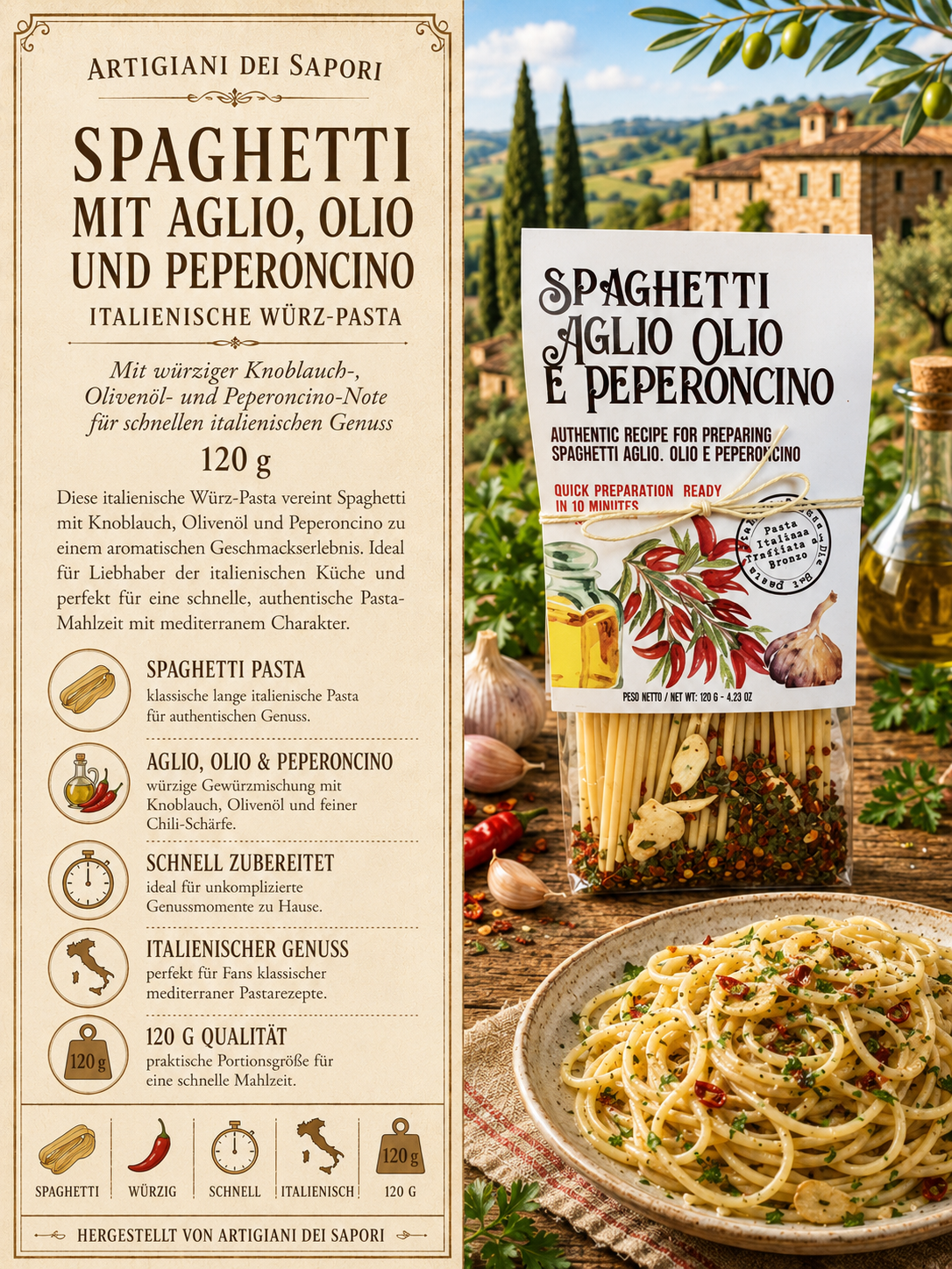 Spaghetti, Knoblauch, Olivenöl, Peperoncino, Italienische Würz-Pasta