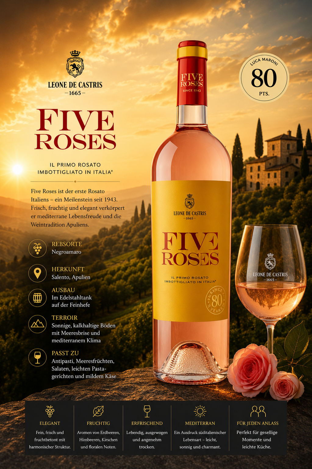 Rosé, Weinflasche, Five Roses, Etikett Gelb, Glas Rosé