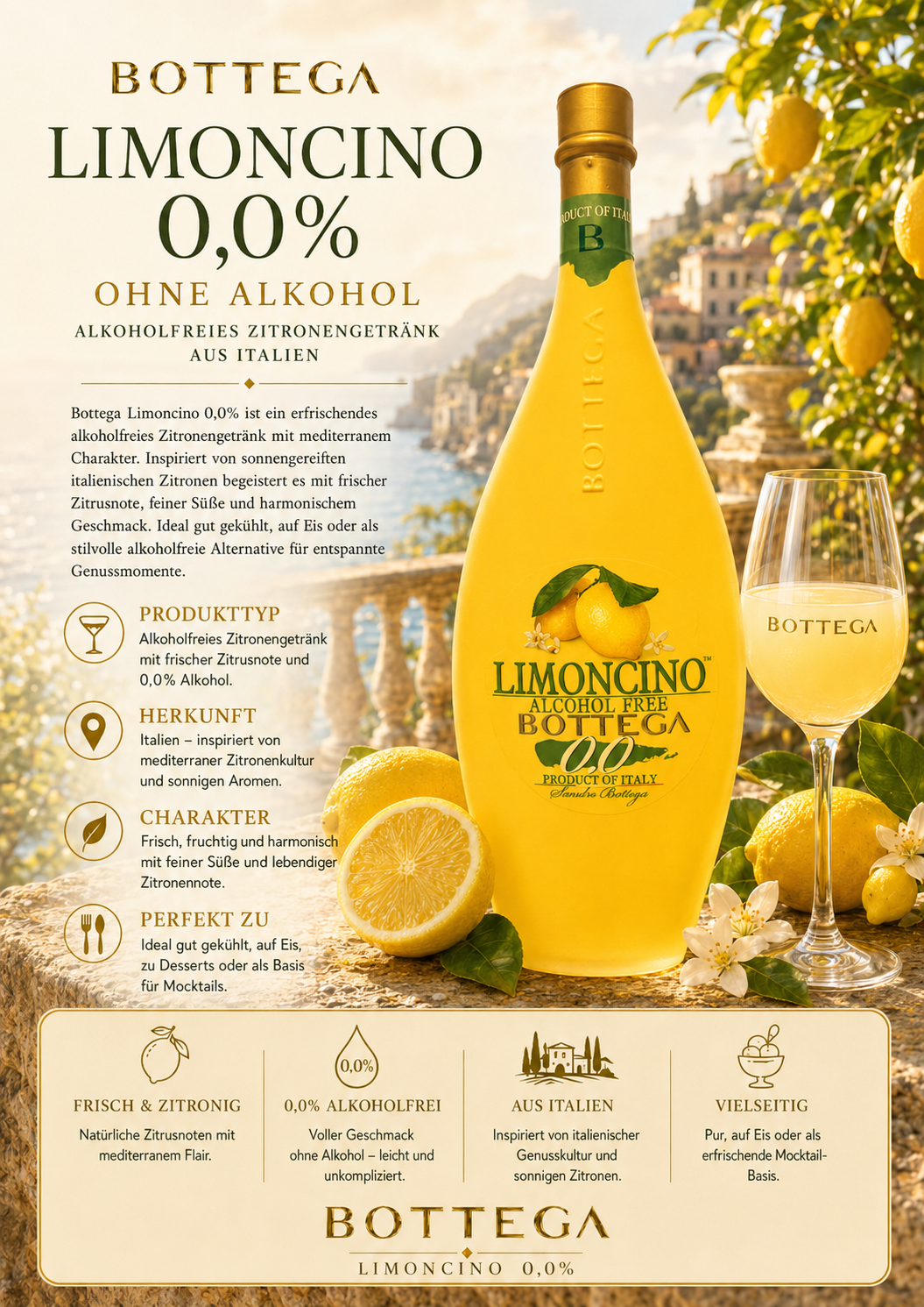 Zitronenlikör, Limóncino, 0,0%, Alkoholfrei, Italien
