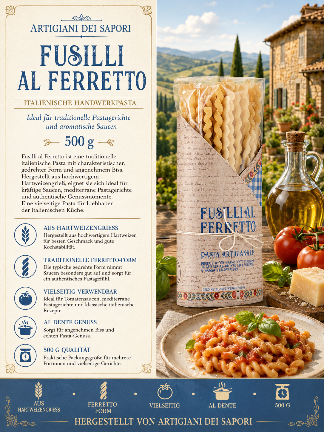 Pasta, Fusilli, Ferretto, Italienische Handwerkspasta, 500 g