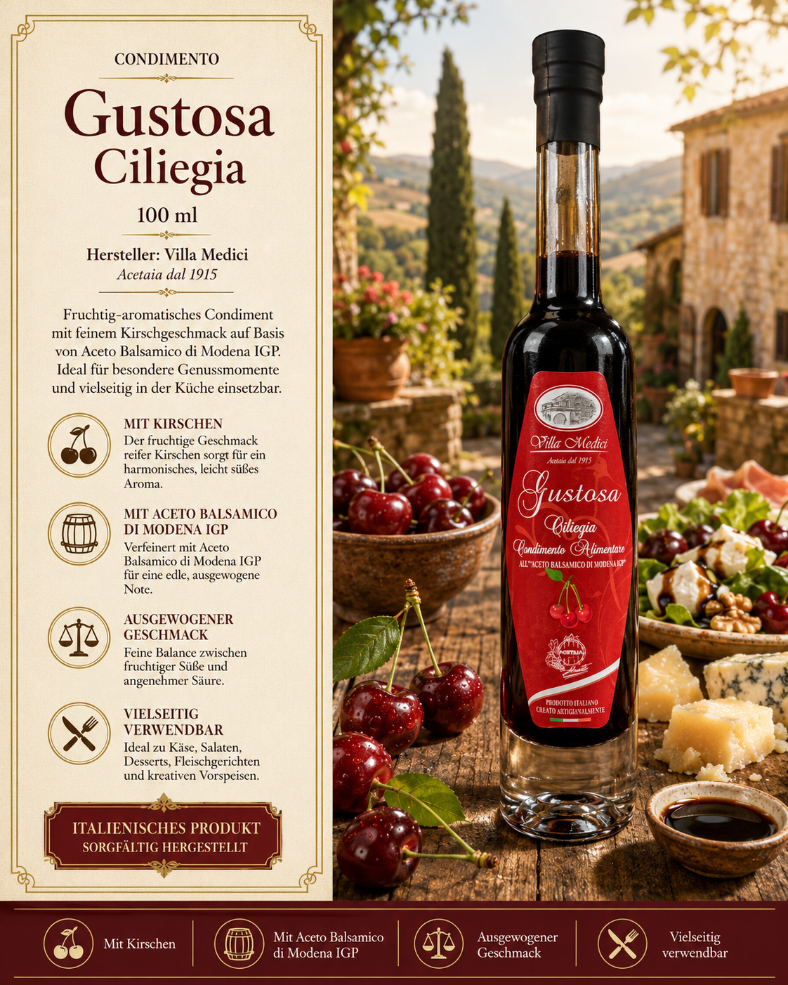 Kirschlikör, Sirupglas, 100 ml, Italienisches Produkt, Balsamico-Art