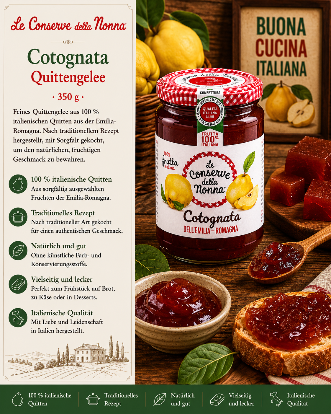 Quittengelee, Konfitüre, Glasbehälter, Italienische Qualität, Früchte