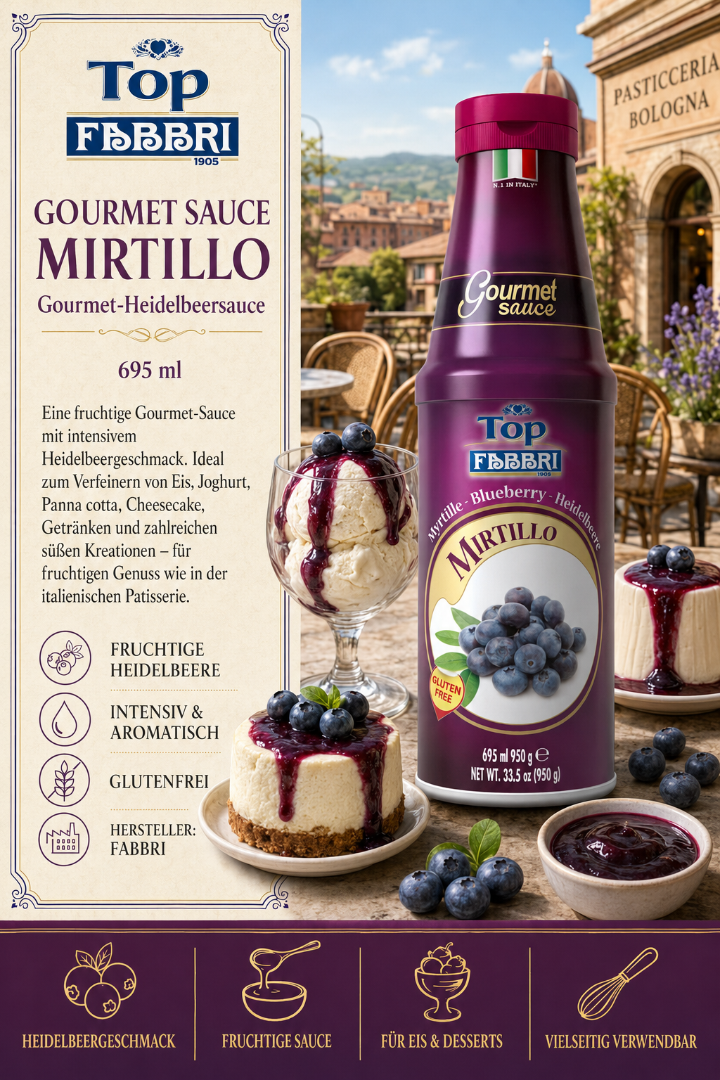 Mirtillo, Heidelbeere, Gourmet Sauce, Saucenflasche, Glutenfrei