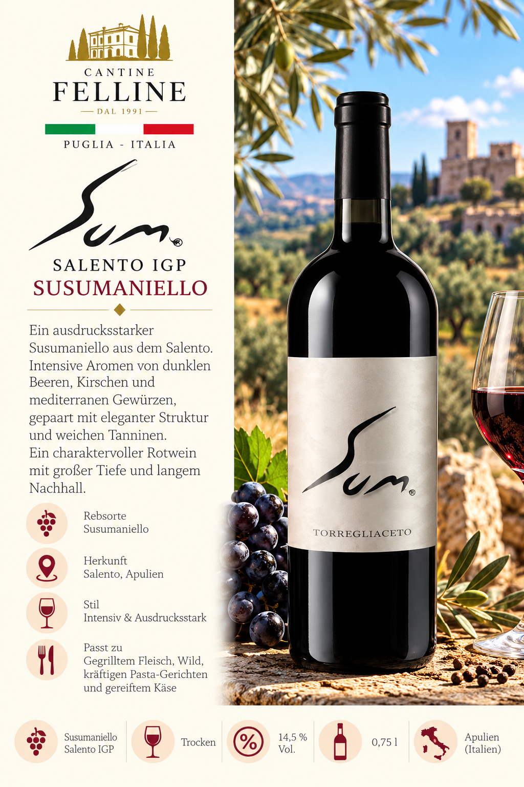 Rotwein, Susumaniello, Flasche, Italien, Trocken