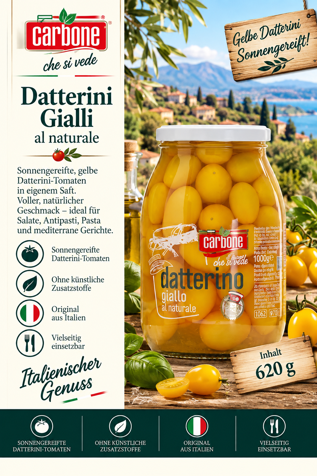 Datterini, Giallo, al naturale, Gläser, 620 g