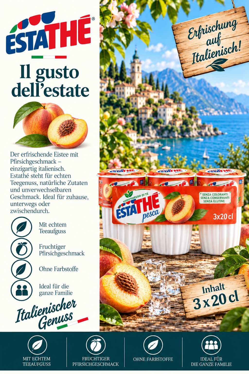 Pfirsich, Pfirsichtee, Kartonverpackung, Italienischer Genuss, 3x20 cl