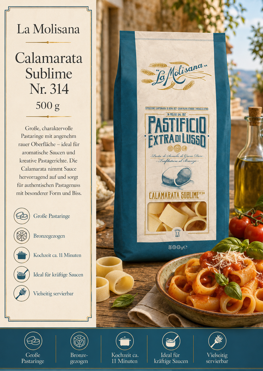 Pastas, Pastaform, Calamarata, Trockene Pasta, 500 g