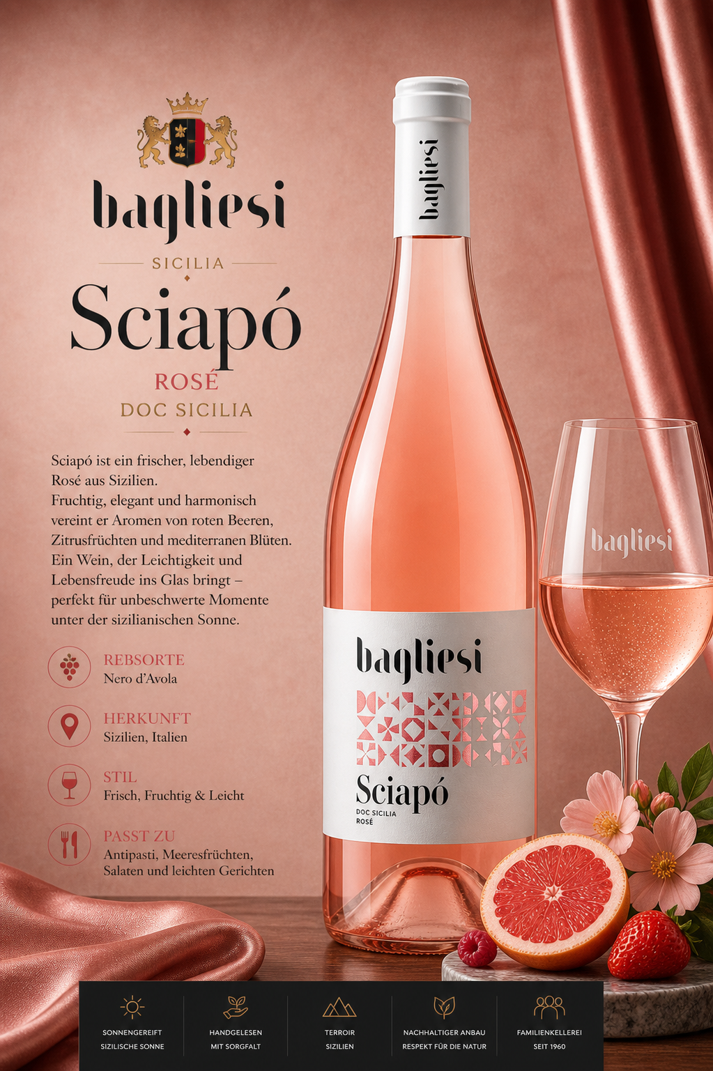 rosé, wein, glasflasche, sciapó, zitronen grapefruit garnitur