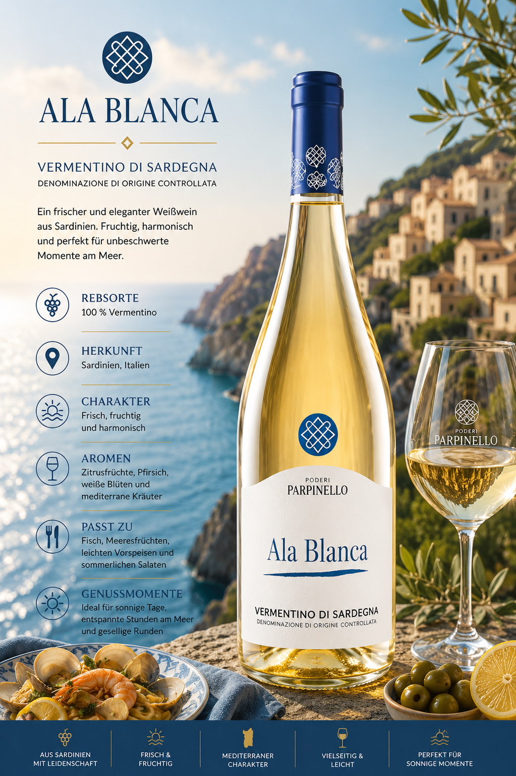 Weißwein, Vermentino, Ala Blanca, Vermentino di Sardegna, Flasche
