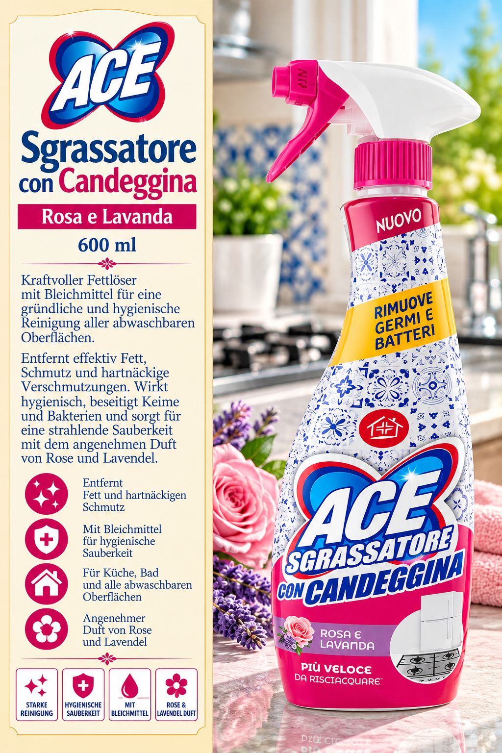 Bodenreiniger, Küchenreiniger, Sprühflasche, Rosa, Lavendel
