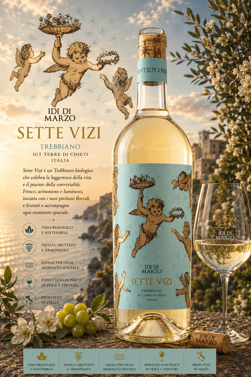 Weißwein, Weinglas, Flasche, Etikett, Italien, Weißwein, Trebbiano, Italien, Sette Vizi, Bio