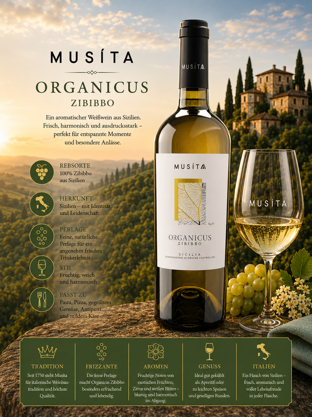 Weißwein, Organicus Zibibbo, Flasche, Glaswein, Italien
