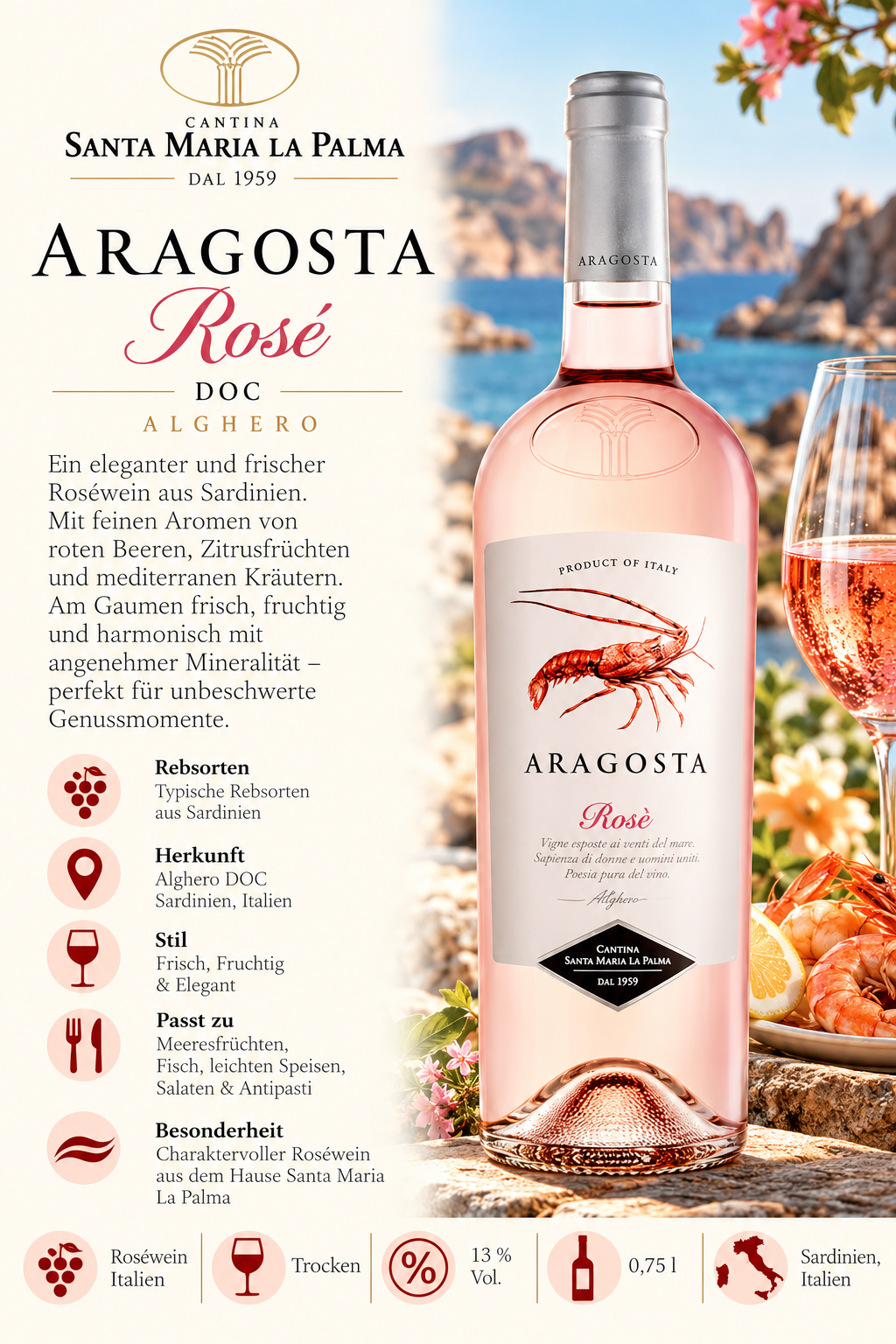 Rosé wine, Weinflasche, Aragosta, Sardinien, Italien
