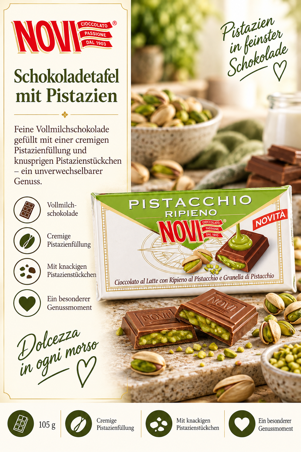 Schokodetafel, Pistazien, Pistazienfüllung, Schokolade, Novi