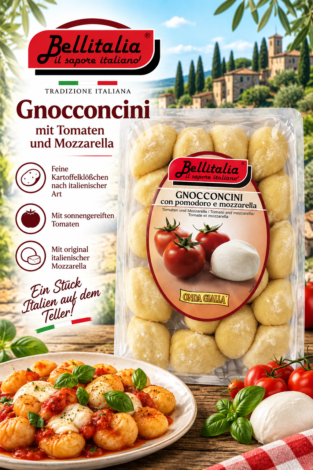Gnocchi, Tomaten, Mozzarella, Kartoffeln, Trockenprodukt