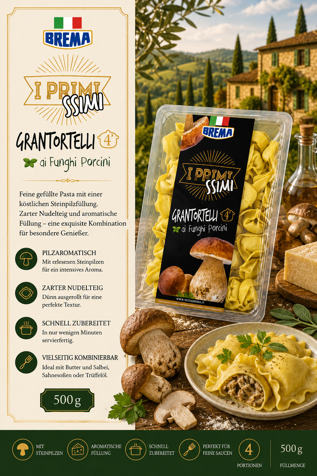 Nudeln, Pasta, Grantortelli, Pilzfüllung, 500 g