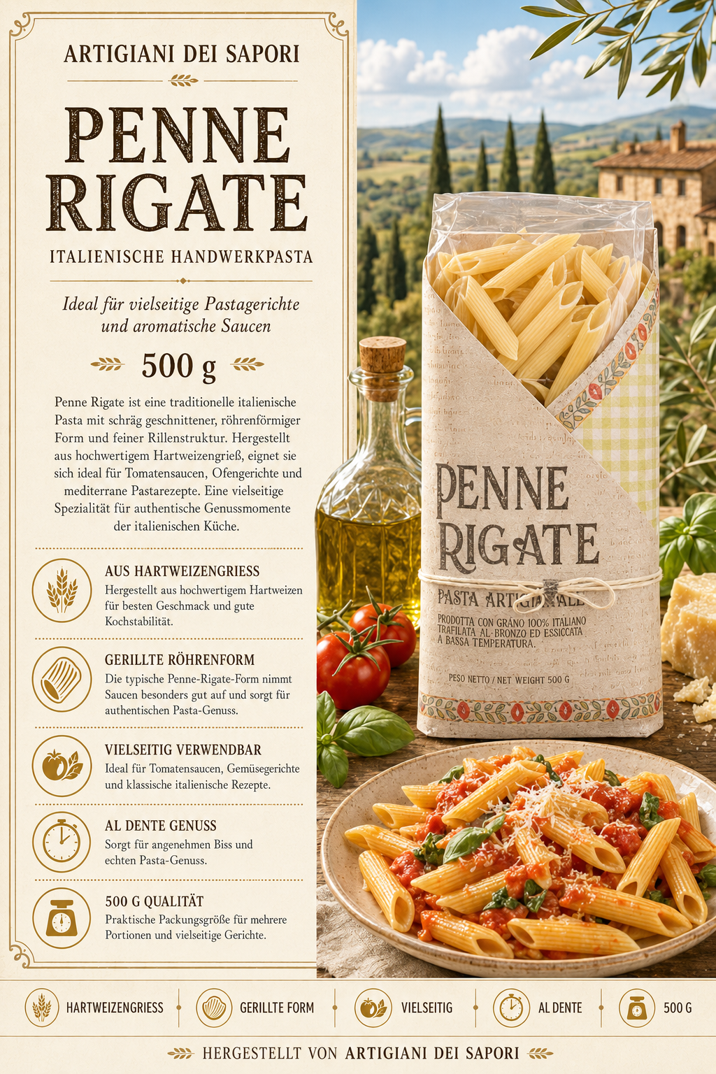 Penne Rigate, Pasta, 500 g, Hartweizengrieß, Gerillte Form