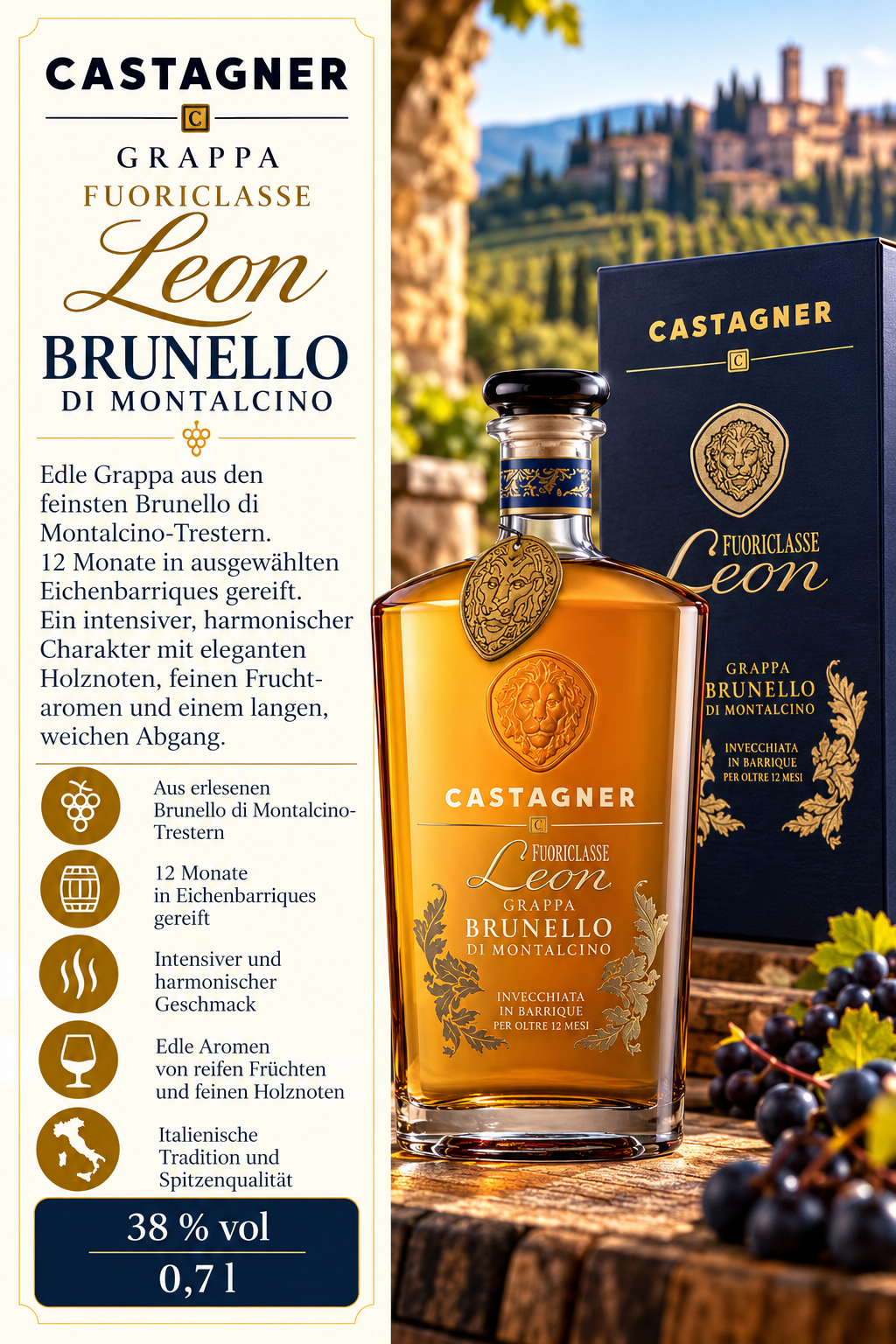 Brunello, Grappa, Leon, Flasche, Holznote
