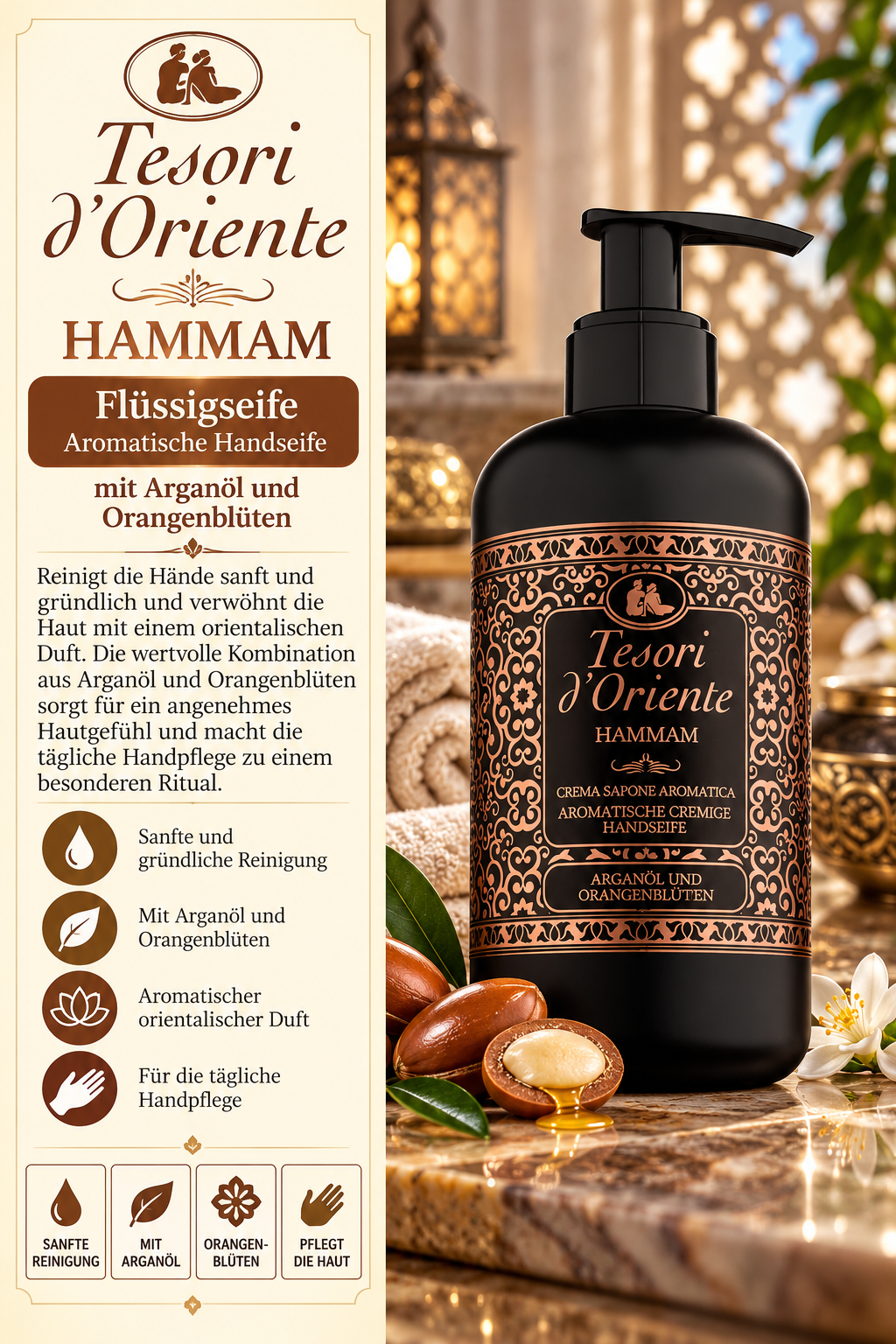 Handseife, Aromatische Seife, Arganöl, Orangenblüten, Pumpflasche