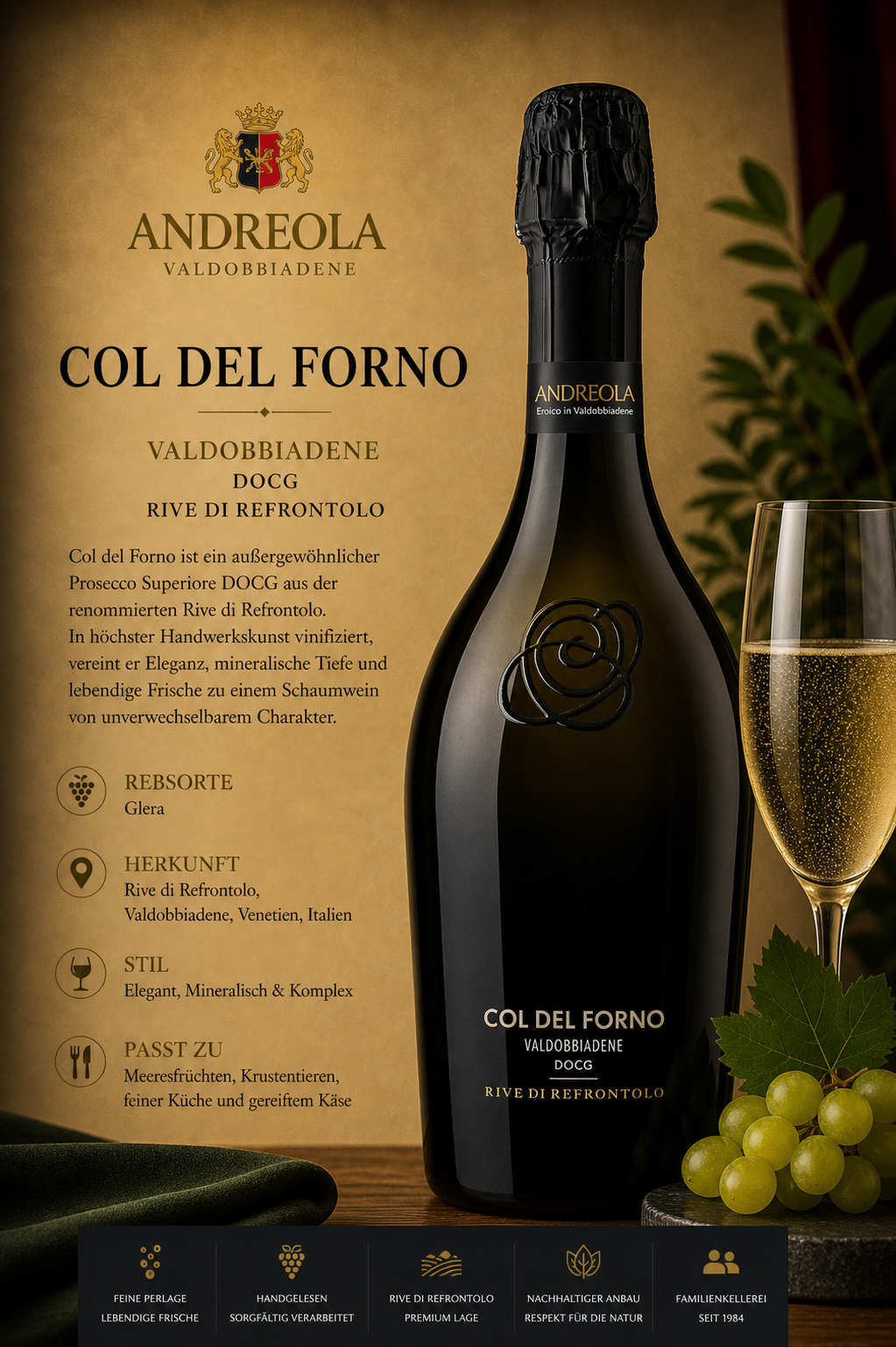 Sekt, Champagner, Flasche, Col del Forno, Gründeretikette