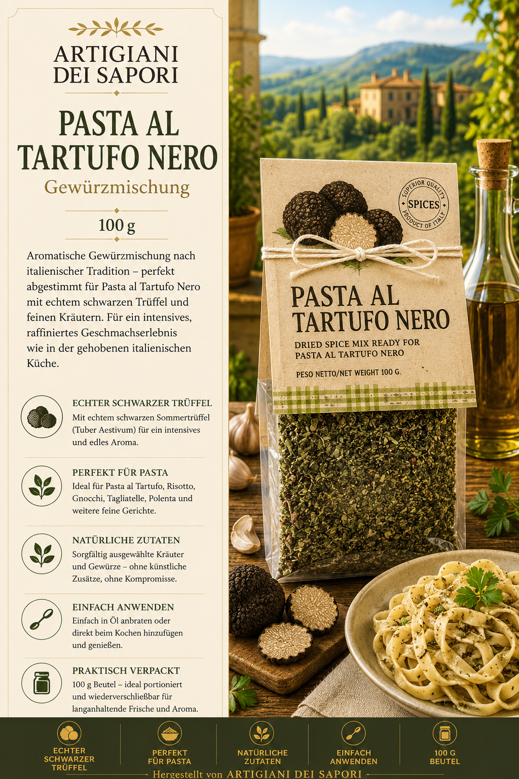 Gewürz für Pasta Tartufo Nero Schwarzer Trüffel Beutel 100g / Artigiani dei Sapori