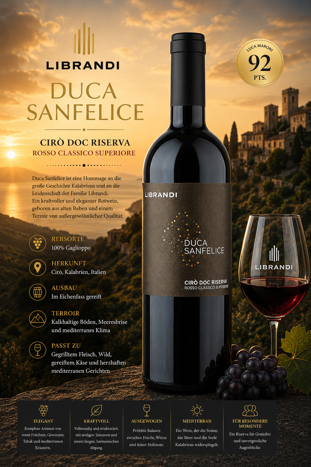 Rotwein, Duca Sanfelice, Rosso Classico Superiore, Kalabrien, Glaswein