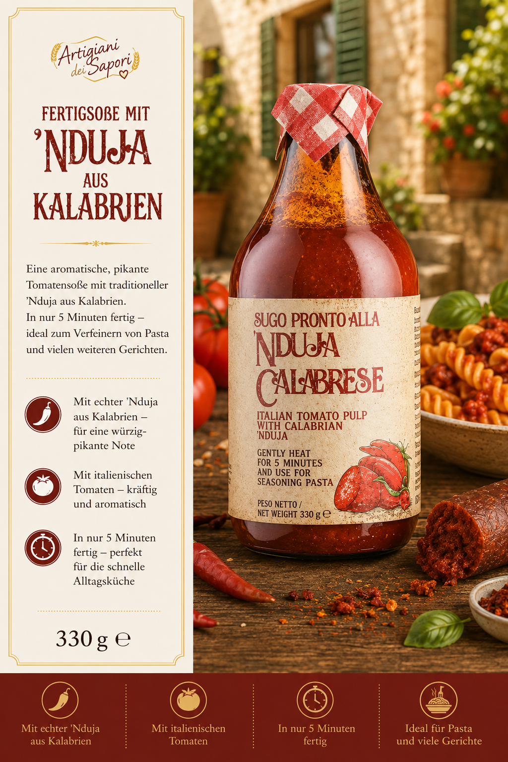 Tomatensauce, Nduja, Kalabrien, Tomaten, Glasflasche