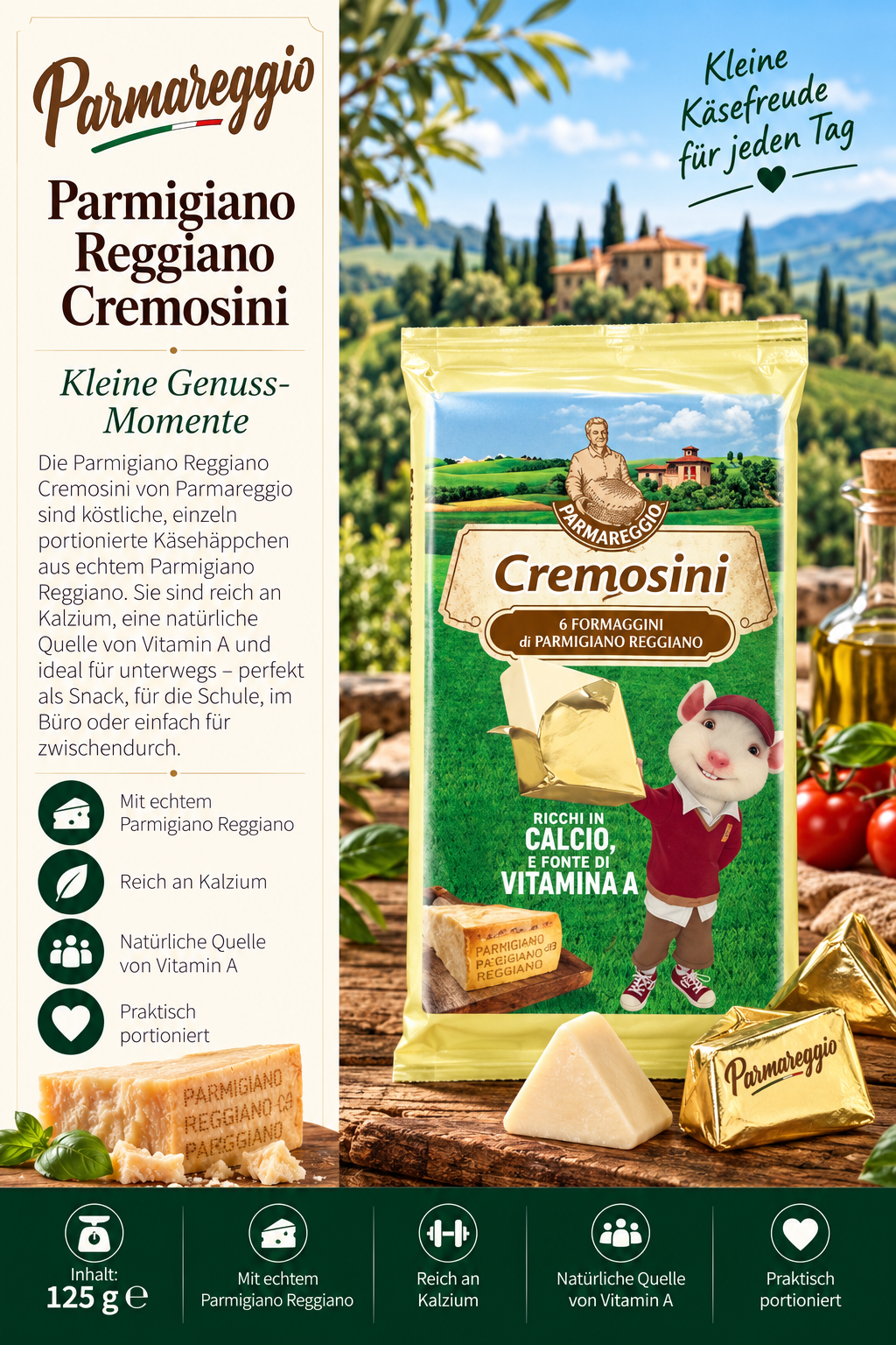 Käse, Parmigiano Reggiano, Käsepäckchen, Calciumreich, Vitamin A