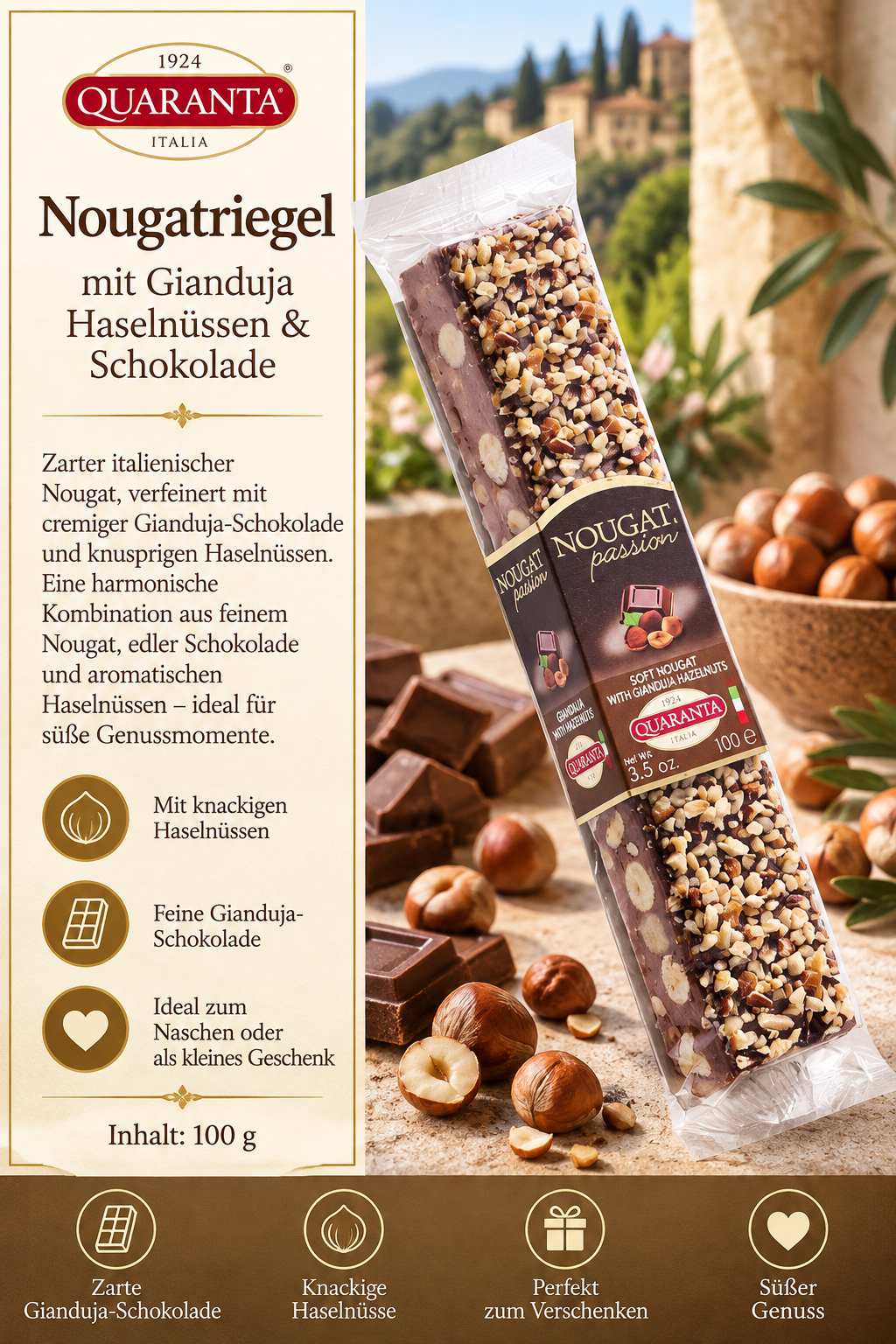 Nougat, Schokolade, Haselnüsse, Gianduja, Nusskrokant