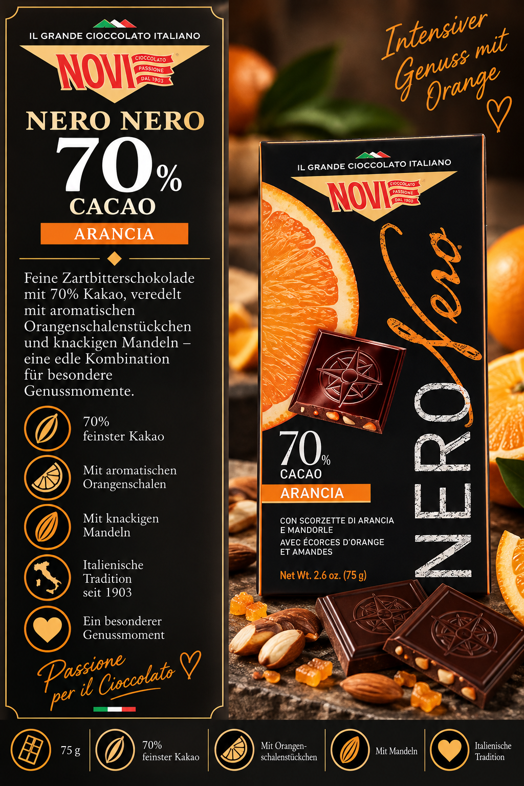 Schokolade, Nero NERO 70%, Orangen, Mandeln, Kakao 70%