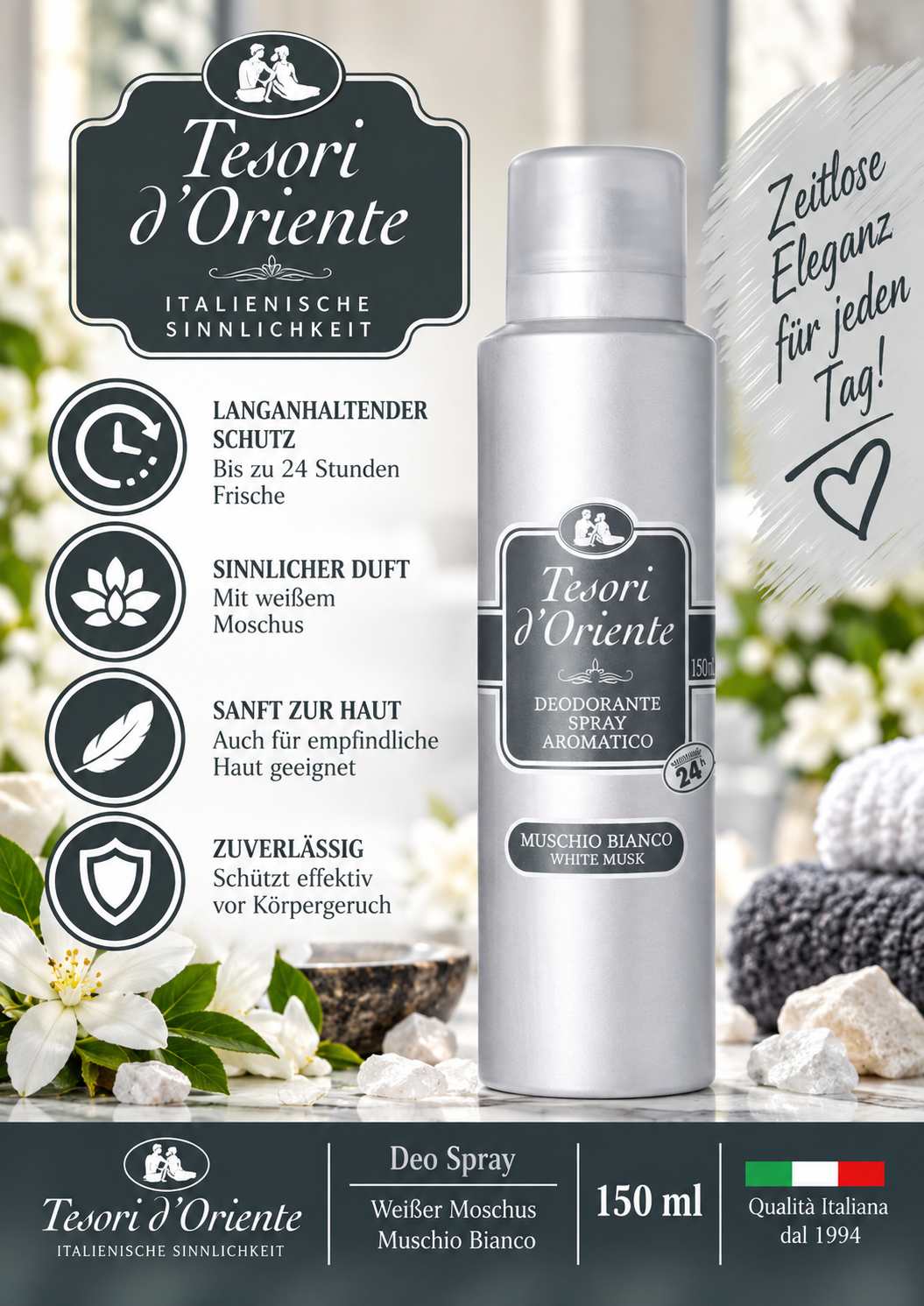 Deo Spray Weißer Moschus, muschio bianco  150ml | Tesori d Oriente