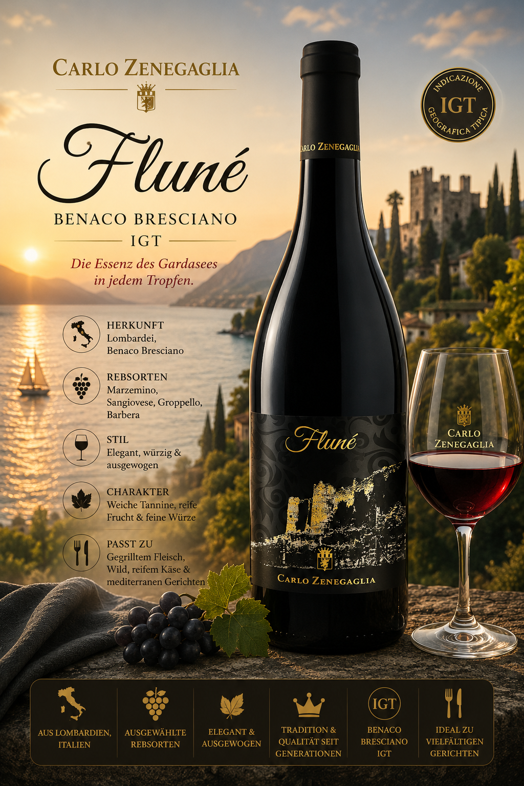 Weinflasche, Rotwein, IGT, Benaco Bresciano, Glaswein