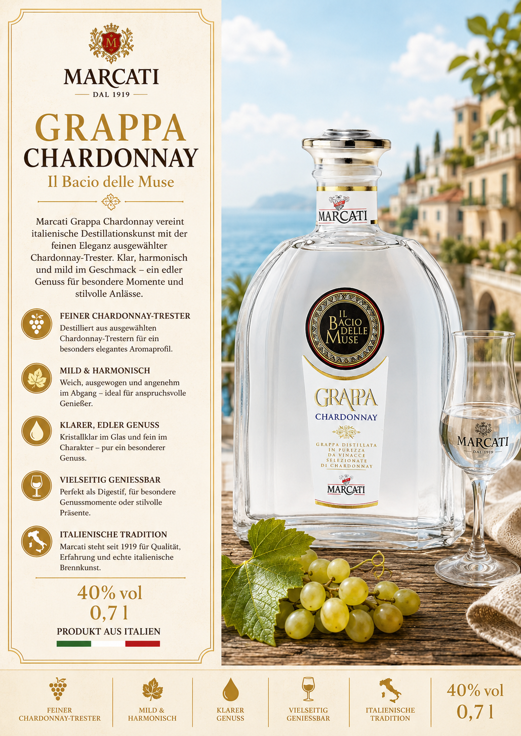 grappa, chardonnay, flasche, gläser, italien