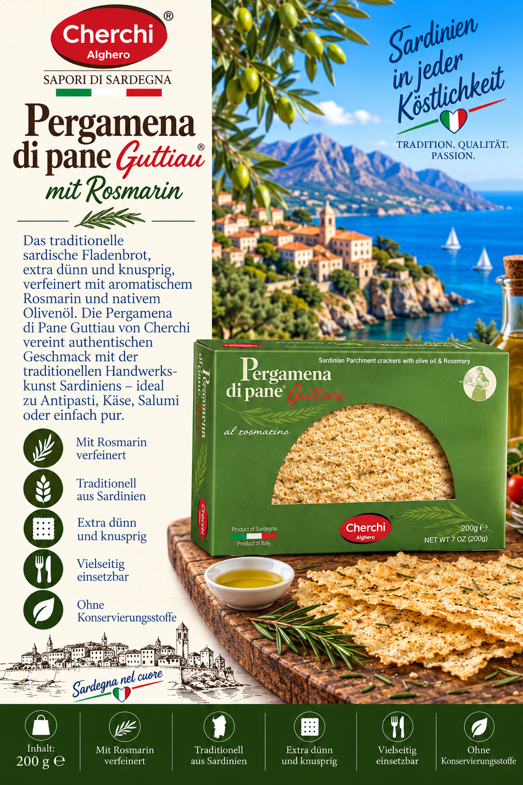 Sardinen Cracker, Pergamena di pane, Rosmarin, Olivenöl, Knusprig