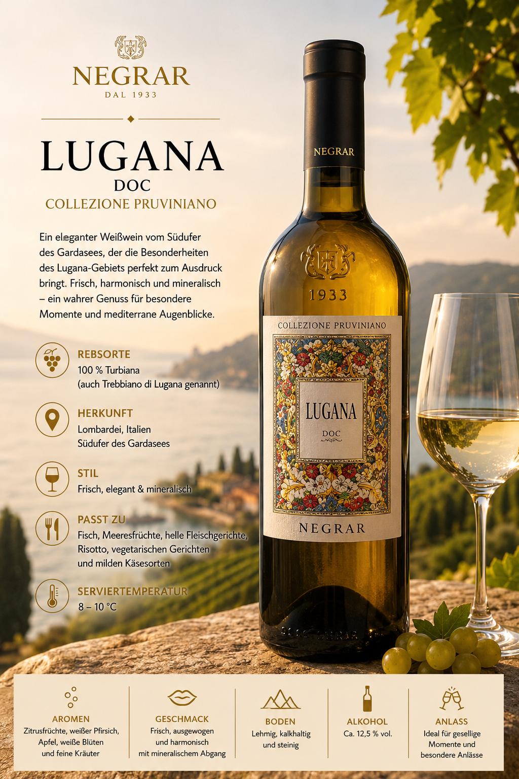 Weißwein, Lugana, Flasche, Etikett, Glas